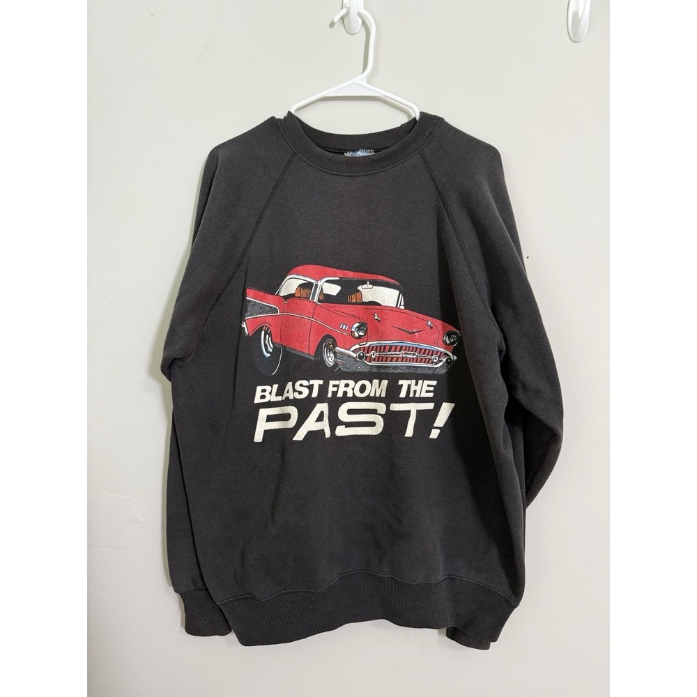 Vintage HANES Black Sweatshirt 80s 90s USA Sz XL Hot rod Car Graphic Print